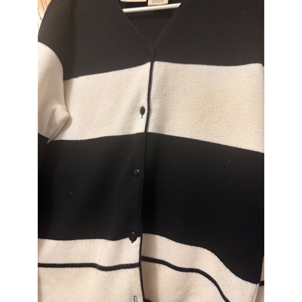 Kathie Lee Collection Black White Striped Cardigan Sweater Womens Large 12/14 - Picture 2 of 5